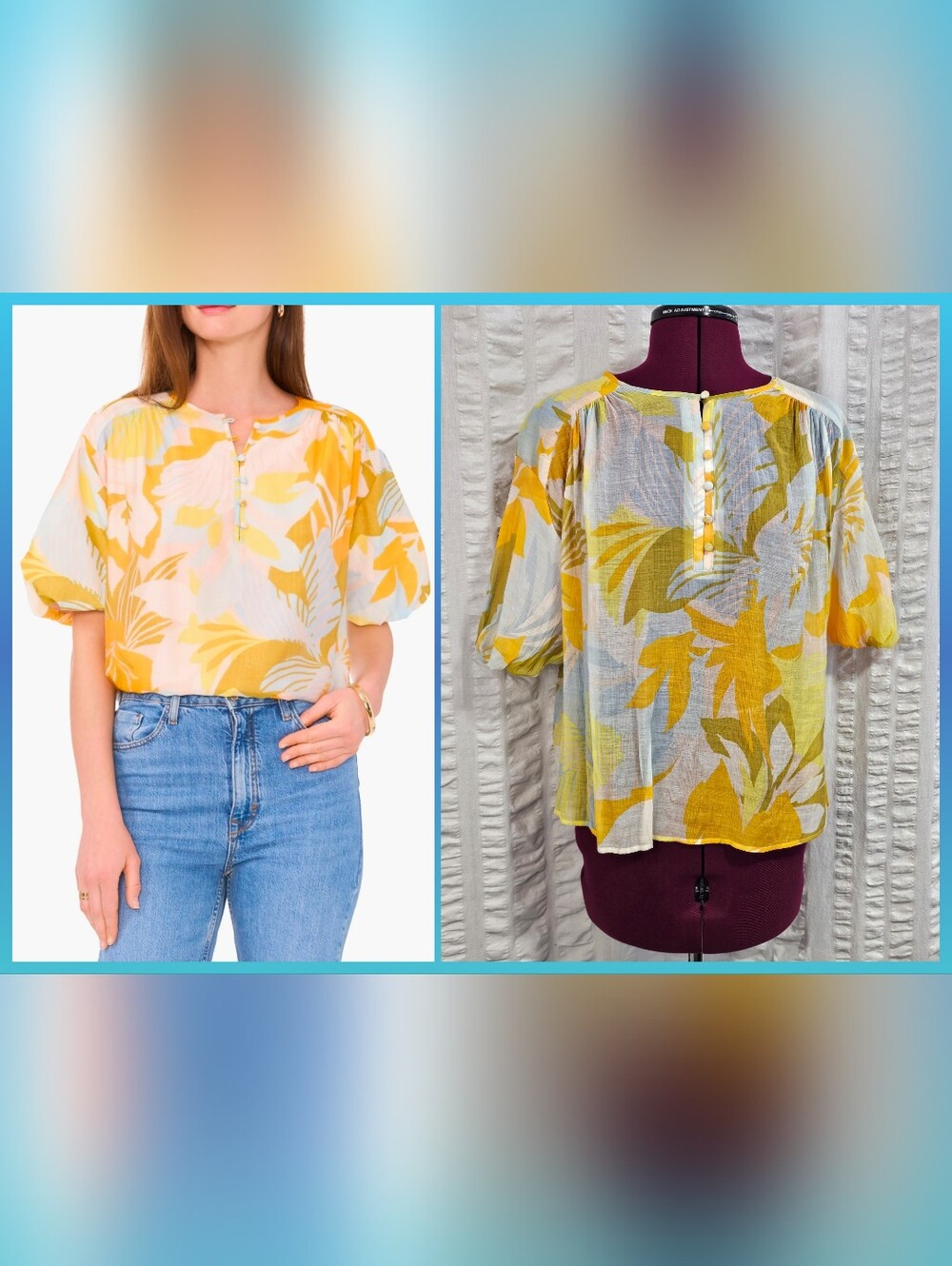 Vince Camuto Lightweight Yellow Floral Puff-Sleeve Blouse